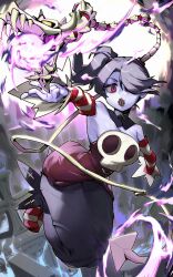 1girl blue_hair blue_skin powering_up colored_skin detached_collar detached_sleeves dragon dress energy facing_viewer floating full_body grave hair_over_one_eye highres leviathan_(skullgirls) looking_at_viewer open_mouth outstretched_arm red_eyes side_ponytail skullgirls socks solo squigly_(skullgirls) stitched_mouth stitches striped_clothes striped_sleeves striped_socks tombstone xue_jiang_(simoncry) zombie