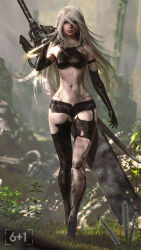 1girl 3d a2_(nier:automata) android blender_(medium) blue_eyes breasts closed_mouth commentary forest greatsword highres holding holding_sword holding_weapon long_hair looking_at_viewer medium_breasts nature navel nier:automata nier_(series) outdoors seven_(sixplusone) solo standing sword walking walking_towards_viewer weapon white_hair