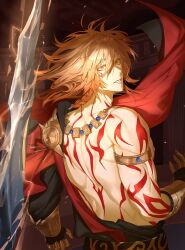 Rule 34 | 1boy, absurdres, arm tattoo, armlet, armor, back tattoo, blonde hair, braid, cape, clawed gauntlets, commentary request, facial tattoo, floating cape, gradient hair, hair between eyes, highres, honkai: star rail, honkai (series), jewelry, looking at viewer, male focus, medium hair, multicolored hair, mydei (honkai: star rail), parted lips, pauldrons, red cape, red hair, red tattoo, shoulder armor, side braid, side cape, single pauldron, solo, tattoo, toned, toned male, yellow eyes, zuraa (naunau seijin)