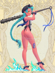 Rule 34 | 1girl, anklet, aqua hair, ass, barefoot, black hat, bracelet, braid, braided ponytail, breasts, charm (object), club, club (weapon), colored skin, dairoku ryouhei, fire, full body, hat, highres, holding, holding club, holding weapon, jewelry, kanabou, momozono mitsu, morisawa tomohiro, over shoulder, pointy ears, red skin, small breasts, solo, spiked anklet, spiked bracelet, spikes, standing, weapon, yellow eyes