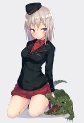 Rule 34 | 10s, 1girl, alligator, black hat, black jacket, blue eyes, blush, closed mouth, crocodilian, dress shirt, female focus, full body, garrison cap, girls und panzer, hat, highres, itsumi erika, jacket, kneeling, kuromorimine military uniform, long hair, long sleeves, looking at another, looking down, metindone, military, military hat, military uniform, miniskirt, pleated skirt, red shirt, red skirt, shirt, silver hair, simple background, skirt, solo, sweatdrop, white background