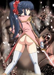 1girl ass blue_hair bodysuit breasts brown_eyes energy_sword goldmund hair_ribbon highres legs long_hair looking_at_viewer looking_back medium_breasts nipples no_bra no_panties pussy ribbon robot sakura_taisen sega serious shinguuji_sakura sideboob solo sword thigh_gap thighhighs wardrobe_malfunction warrior weapon