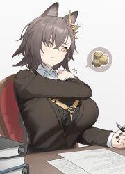 1girl allen.n animal_ears arknights binder black_hair black_jacket black_nails breasts grey_background highres holding jacket large_breasts nail_polish orirock_(arknights) paper penance_(arknights) short_hair solo upper_body wolf_ears yellow_eyes