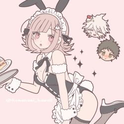 1girl 2boys :o ahoge animal_ears apron bare_shoulders black_leotard black_ribbon blunt_bangs breasts brown_hair cake cleavage danganronpa_(series) danganronpa_2:_goodbye_despair detached_collar fake_animal_ears fake_tail flipped_hair food galaga grey_hair high_heels hinata_hajime komaeda_nagito komanami_kawaii leotard maid maid_headdress messy_hair mole mole_on_breast multiple_boys nanami_chiaki neck_ribbon pink_eyes rabbit_ears rabbit_tail ribbon shoes short_hair simple_background strawberry_shortcake tail waist_apron white_apron