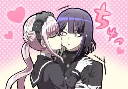 brother_and_sister eyebrows eyelashes hair_between_eyes heart hetero incest kiss kissing_cheek last_defense_academy_school_uniform pink_background pink_eyes pink_hair polka_dot polka_dot_background purple_hair siblings simple_background the_hundred_line_-last_defense_academy- tsukumo_ima tsukumo_kako twincest twins upper_body yellow_background