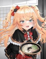 1girl absurdres akai_haato akai_haato_(gothic_lolita) black_dress blonde_hair blue_eyes blush bowl breasts bug cooking dress egg_(food) eyes_visible_through_hair fang food gothic_lolita hair_ornament heart heart_hair_ornament highres hololive korean_commentary large_breasts lolita_fashion looking_at_viewer min-tami noodles open_mouth pot red_skirt skin_fang skirt smile spider twintails virtual_youtuber x_hair_ornament