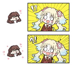 Rule 34 | !?, 0 0, 2girls, :d, ^ ^, blonde hair, blue hair, blush, brown dress, chibi, chibi only, closed eyes, commentary, comparison, dress, ear blush, emphasis lines, fang, flinch, flustered, fujishima megumi, gradient hair, hasu no sora school uniform, heart, highres, link! like! love live!, love live!, mira-cra park!, multicolored hair, multiple girls, neckerchief, open mouth, osawa rurino, red neckerchief, sailor collar, sailor dress, school uniform, skin fang, smile, sweat, v-shaped eyebrows, virtual youtuber, watage modoki, white sailor collar, winter uniform