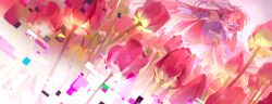 1girl absurdres artist_name bare_shoulders breasts commentary corset diamond-shaped_pupils diamond_(shape) elysia_(herrscher_of_human:_ego)_(honkai_impact) elysia_(honkai_impact) english_commentary field flower flower_field glitch highres honkai_(series) honkai_impact_3rd large_breasts long_hair maru_lana pink_flower pink_hair pink_tulip purple_eyes smile solo symbol-shaped_pupils tulip veil very_long_hair white_corset white_veil