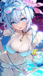 1girl :d arm_ribbon bikini blue-tinted_eyewear blue_bikini blue_eyes blue_hair blue_nails blue_ribbon breasts cherry cleavage collarbone commentary_request cowboy_shot cup drinking_glass eyewear_on_head food fruit groin hair_between_eyes hair_intakes hair_ornament hairclip haiyi holding holding_cup jellyfish_hair_ornament large_breasts leaning_forward lemon lemon_slice light_blush looking_at_viewer medium5 navel open_mouth ribbon short_hair signature smile solo stomach sunglasses swimsuit tadano1129 tinted_eyewear
