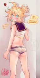 1boy absurdres aqua_eyes aqua_hair artist_name ass bare_legs blonde_hair blush closed_mouth clothes_lift colored_inner_hair eyelashes feet_out_of_frame from_behind hair_between_eyes highres kagamine_len kurohagi_ryou looking_at_viewer looking_back male_focus male_underwear medium_hair mouth_hold multicolored_hair purple_sailor_collar sailor_collar shadow shirt shirt_lift signature solo speech_bubble star_(symbol) star_in_eye symbol_in_eye translation_request trap twitter_username underwear vocaloid white_male_underwear white_shirt