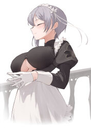1girl 200f_(nifu) absurdres alternate_costume apron azur_lane bellona_(armed_to_clean)_(azur_lane) bellona_(azur_lane) blush breasts closed_eyes closed_mouth clothing_cutout commission cropped_legs enmaided frilled_apron frills from_side gloves highres juliet_sleeves large_breasts long_sleeves maid maid_headdress official_alternate_costume pixiv_commission puffy_sleeves purple_hair short_hair simple_background smile solo steepled_fingers underboob underboob_cutout white_apron white_gloves