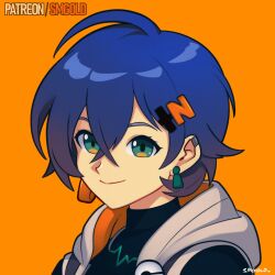 1girl absurdres artist_name belle_(zenless_zone_zero) closed_mouth earrings green_eyes hair_between_eyes hair_ornament highres jewelry letter_hair_ornament looking_at_viewer orange_background patreon_username short_hair simple_background smgold smile solo zenless_zone_zero