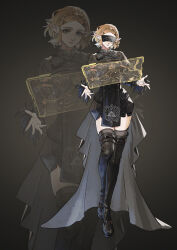 1girl alternate_costume alternate_universe black_blindfold black_boots black_jacket black_shorts black_thighhighs blindfold blonde_hair boots braid breasts crown_braid feather_trim full_body hair_ornament hairclip highres jacket kurokawa_karasu medium_breasts nier:automata nier_(series) nintendo pointy_ears princess_zelda short_hair shorts solo the_legend_of_zelda the_legend_of_zelda:_breath_of_the_wild thigh_boots thighhighs waist_cape