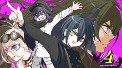 1girl 3boys ahoge antenna_hair arm_up barbed_wire black_cape black_choker black_hat blonde_hair blue_eyes brown_hair cape choker commentary_request copyright_name danganronpa_(series) danganronpa_v3:_killing_harmony eyelashes flipped_hair glaring glasses goggles goggles_on_head gokuhara_gonta hat highres iruma_miu long_hair looking_at_viewer medium_hair multiple_boys oma_kokichi open_mouth outstretched_arms peaked_cap pink_background pointing profile purple_eyes purple_hair red_eyes saihara_shuichi serious short_hair spread_arms suzuko_(katahaba_v3) sweatdrop teeth thigh_strap upper_body upper_teeth_only very_long_hair wide-eyed yellow_eyes