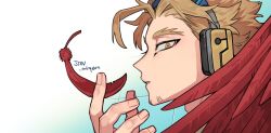 Rule 34 | 1boy, adam&#039;s apple, boku no hero academia, brown eyes, brown hair, commentary request, facial hair, feathers, goatee stubble, hawks (boku no hero academia), headphones, highres, korean commentary, looking at viewer, male focus, misa (jjin miryeon), parted lips, portrait, red feathers, red wings, short hair, solo, stubble, wings