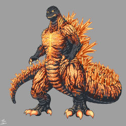 bioluminescence burning_godzilla claws elbow_spikes fangs full_body giant giant_monster glowing glowing_claws glowing_eyes glowing_mouth glowing_spikes glowing_teeth godzilla godzilla_(series) godzilla_vs._destoroyah highres jaw kaiju monster no_humans phil-cho scales sharp_teeth spikes spines tail teeth yellow_eyes