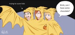 3boys abstract_background anger_vein animal_costume animification annoyed artist_name black_hair blonde_hair blue_eyes boomer_(ppg) brick_(ppg) butch_(ppg) child commentary cosplay crossover dragon_costume english_commentary english_text godzilla_(series) green_eyes halloween_bucket halloween_costume icebrier king_ghidorah king_ghidorah_(cosplay) male_focus multiple_boys orange_hair powerpuff_girls red_eyes rowdyruff_boys speech_bubble teeth tongue upper_teeth_only