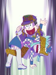 Rule 34 | 10s, 2boys, aqua hair, black hair, boots, green eyes, hat, heart, heart in mouth, jojo no kimyou na bouken, kuujou joutarou, male focus, matsuno jyushimatsu, multiple boys, nakamura yuuichi, narciso anasui, ono daisuke, osomatsu-san, osomatsu (series), parody, peaked cap, reammara, smile, style parody, thigh boots, thighhighs, voice actor connection
