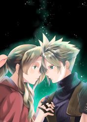 1boy 1girl aerith_gainsborough armor black_gloves blonde_hair blue_eyes blue_shirt braid braided_ponytail brown_hair cloud_strife earrings final_fantasy final_fantasy_vii final_fantasy_vii_remake forehead-to-forehead gloves green_eyes hair_between_eyes hair_ribbon heads_together highres holding_hands interlocked_fingers jacket jewelry long_hair parted_bangs pink_ribbon red_jacket ribbon shirt short_hair shoulder_armor sidelocks single_earring sleeveless sleeveless_turtleneck smile spiked_hair sugata_ubo suspenders turtleneck upper_body wavy_hair
