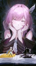 Rule 34 | 1girl, absurdres, book, cape, coat, commentary, commentary request, cyrene (honkai: star rail), dosukoi tsukimiyama, english commentary, flame reaver of the deepest dark, hair ornament, hand on own cheek, hand on own face, highres, holding, holding sword, holding weapon, honkai: star rail, honkai (series), open book, phainon (honkai: star rail), pink hair, purple coat, purple eyes, short hair, smile, solo, sword, weapon