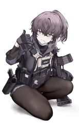 Rule 34 | 1girl, absurdres, ar-15, black hoodie, black pantyhose, black shirt, borrowed character, brown hair, cigarette, closed mouth, commentary, crossed bangs, flashbang, full body, gloves, gun, hair between eyes, hand up, handgun, highres, holding, holding gun, holding weapon, holster, hood, hood down, hoodie, load bearing vest, long sleeves, looking at viewer, magazine (weapon), mouth hold, original, pantyhose, purple eyes, purple gloves, rifle, seallllion, shaka sign, shirt, shorts, simple background, smoke, smoking, solo, squatting, weapon, white background