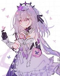 1girl bare_shoulders black_gloves black_tiara castorice_(honkai:_star_rail) closed_mouth dress flower gloves hair_flower hair_ornament highres hinay_2 honkai_(series) long_hair pointy_ears purple_eyes purple_hair solo tiara upper_body white_background white_dress