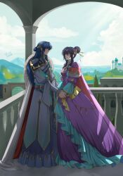 1boy 1girl aged_up alternate_costume alternate_hairstyle autumn-sacura black_hair blue_eyes blue_hair cape commentary commission couple dress english_commentary fire_emblem fire_emblem:_genealogy_of_the_holy_war fur_cape hair_bun highres holding_hands larcei_(fire_emblem) long_hair looking_at_another nintendo profile purple_dress purple_eyes seliph_(fire_emblem) sidelocks single_hair_bun very_long_hair