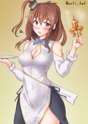 Rule 34 | 1girl, alternate costume, anti (untea9), blue eyes, breasts, brown background, brown hair, chain-link fence, cleavage, cleavage cutout, clothing cutout, dress, fence, frog (food), gradient background, hair between eyes, high side ponytail, highres, kantai collection, long hair, medium breasts, ponytail, saratoga (kancolle), side ponytail, solo, white dress