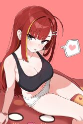 1girl absurdres ahoge akane_lize alternate_costume bare_arms bare_shoulders black_shirt breasts cleavage closed_mouth collarbone commentary_request crop_top cross cross_earrings earrings grey_eyes hair_ornament hairclip heart highres jewelry korean_commentary large_breasts long_hair looking_at_viewer micro_shorts midriff mole mole_under_eye multicolored_hair navel pienna_(akane_lize) red_hair saho_4545 shirt shorts sitting sleeveless sleeveless_shirt solo spoken_heart sports_bra stellive stomach streaked_hair thighs tongue tongue_out very_long_hair virtual_youtuber white_shorts