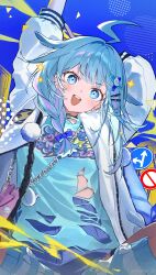 :d arm_behind_head arms_up black_choker blue_bow blue_eyes blue_hair blue_shirt blue_shorts blue_socks blunt_bangs bow braid choker commentary_request earclip hair_bow hair_flaps hair_ornament hairclip head_tilt high-waist_shorts highres hololive hololive_dev_is indian_style jacket lightning_ahoge long_hair looking_at_viewer loose_socks low_twin_braids mizumiya_su multicolored_hair o-ring o-ring_choker open_mouth outstretched_arm pink_hair planetzer_0 pom_pom_(clothes) revision shirt short_shorts shorts sitting smile socks spiked_ear_piercing streaked_hair striped_clothes striped_socks teeth torn_clothes torn_shirt twin_braids upper_teeth_only virtual_youtuber white_jacket x_hair_ornament