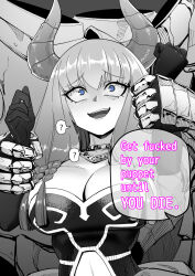 1girl 3boys armor aura_(sousou_no_frieren) blue_eyes breasts clothing_cutout confused constricted_pupils demon_girl demon_horns dress elbow_gloves english_text eyelashes gloves grabbing_another&#039;s_arm greyscale hands_up horns large_breasts long_hair looking_afar monochrome multiple_boys navel_cutout nervous nervous_smile open_mouth orgoglioso_banane restrained scared shortstack size_difference smile solo_focus sousou_no_frieren speech_bubble strapless strapless_dress teeth undead upper_body upper_teeth_only