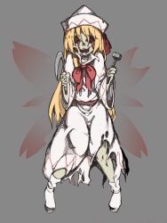 1girl ankle_socks blonde_hair body_horror bolos boots bow bowtie collared_dress colored_skin commentary dress eye_socket fairy fairy_wings full_body green_skin grey_background hair_bow hammer hat high_collar holding holding_hammer holding_scythe lily_white long_dress long_hair long_sleeves open_mouth red_bow red_bowtie red_sash red_wings sash scythe simple_background smile socks solo standing straight_hair tachi-e torn_clothes torn_dress touhou very_long_hair waist_sash white_boots white_dress white_hat white_socks wide_sleeves wings worm zombification