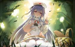 Rule 34 | 1girl, absurdres, artist name, basket, belt, beret, blue hair, bow, bread, colored tips, covered navel, dated, food, forest, galo (warship girls r), gradient hair, hair bow, hair ornament, hat, hat ornament, highleg, highres, leotard, long hair, long sleeves, looking at viewer, multicolored hair, nature, outdoors, pink eyes, purple hair, red eyes, red star, signature, sitting, skirt, solo, star (symbol), star hat ornament, thighhighs, tree, very long hair, wariza, warship girls r, white thighhighs, xiaoan180, yingtan (warship girls r)