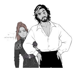 1boy 1girl blue_eyes brown_hair clair_obscur:_expedition_33 closed_mouth freckles highres kaciart long_hair maelle_(clair_obscur:_expedition_33) pants red_hair scar shirt upper_body verso_(clair_obscur:_expedition_33)