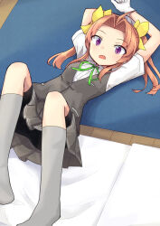 1girl ahoge arms_up bike_shorts brown_hair collared_shirt dress_shirt full_body gloves green_ribbon grey_skirt grey_socks grey_vest hair_ribbon kagerou_(kancolle) kakizaki_(chou_neji) kantai_collection long_hair lying neck_ribbon pleated_skirt purple_eyes ribbon school_uniform shirt shorts shorts_under_skirt skirt socks solo vest white_gloves white_shirt yellow_ribbon