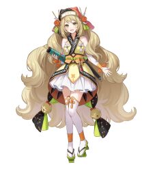 1girl ankle_wrap bare_shoulders bell blonde_hair bow celine_(fire_emblem) celine_(ninja)_(fire_emblem) fire_emblem fire_emblem_engage fire_emblem_heroes flower geta green_eyes green_footwear hair_ornament hair_stick highres holding holding_scroll japanese_clothes long_hair looking_at_viewer ninja nintendo non-web_source official_alternate_costume official_art open_mouth orange_bow orange_flower orange_trim scroll shuriken skirt solo star_(symbol) star_hair_ornament tassel tassel_hair_ornament thighhighs very_long_hair weapon white_skirt white_thighhighs wrist_bow