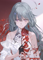 Rule 34 | 1girl, bandaged arm, bandages, bare shoulders, black gloves, black ribbon, blood, bloody tears, breasts, commentary, crying, crying with eyes open, dress, earrings, fingernails, flower, gloves, grey eyes, grey hair, half gloves, halter dress, halterneck, highres, holding, holding flower, jewelry, long hair, looking at viewer, loose bandages, nail polish, okku, parted lips, phrolova (wuthering waves), pink eyes, red background, red nails, red petals, ribbon, single half glove, small breasts, smile, solo, spider lily, split theme, symbol-only commentary, tacet mark (wuthering waves), tears, upper body, white background, white dress, white flower, white spider lily, wuthering waves