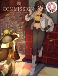 1boy 1girl black_hair bluemishelam boots commission crop_top dog_tags eiyuu_densetsu emilia_harling english_text hair_between_eyes helmet highres holding holding_helmet holding_unworn_helmet jacket kai_no_kiseki kuro_no_kiseki_(series) long_hair midriff motor_vehicle motorcycle multicolored_hair navel open_clothes open_jacket pants purple_eyes red_hair smile streaked_hair two-tone_hair watermark white_boots white_jacket