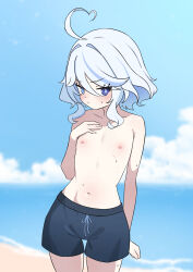 Rule 34 | 1girl, absurdres, ahoge, arutemisu180, beach, blue sky, commentary, day, english commentary, exhibitionism, flat chest, furina (genshin impact), genshin impact, highres, male swimwear challenge, navel, nipples, outdoors, public indecency, sky, solo, stomach, wide hips