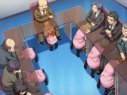 6+girls business_suit clothed_sex emotionless_sex fellatio formal_clothes game_cg green_necktie half_updo multiple_girls necktie nishizaki_eimu office_lady oral pantyhose penis red_necktie source_request suit under_table