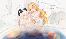 2girls absurdres black_horns black_tail blonde_hair blue_eyes blush breasts closed_eyes closed_mouth collarbone commentary curled_horns drying drying_hair english_commentary english_text grey_hair hair_ornament highres horns kneeling large_breasts long_hair looking_at_another mikori multiple_girls naked_towel phoebe_(wuthering_waves) sleeping sleeping_upright squeans steam tail towel wuthering_waves x_hair_ornament zani_(wuthering_waves) zzz