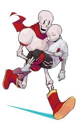 2boys black_shorts boots brothers carrying closed_eyes commission full_body gloves highres male_focus minominoks multiple_boys papyrus_(undertale) princess_carry red_boots red_gloves red_scarf running sans_(undertale) scarf shirt shorts siblings simple_background skeleton sweat teeth undertale white_background white_gloves white_shirt
