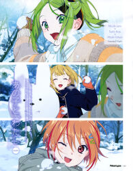Rule 34 | 22/7, 3girls, :d, ;d, ^ ^, absurdres, ahoge, bare tree, blonde hair, blue bow, blue coat, bow, bow hairband, breath, brown eyes, brown gloves, character name, closed eyes, coat, gloves, green eyes, green hair, grey coat, hair between eyes, hair bow, hair ornament, hairband, hairclip, half updo, high ponytail, highres, himuro mizuki, holding, holding snowball, horiguchi yukiko, kiryu touko, magazine scan, multicolored hair, multiple girls, multiple views, newtype, official art, one eye closed, open mouth, orange gloves, orange hair, outdoors, parted bangs, pink hair, ponytail, saito nicole, scan, scarf, short hair, smile, snow, snow on clothes, snow on face, snow rabbit, snowball, snowball fight, streaked hair, throwing, tree, two-tone hair, two-tone hairband, white scarf, winter, winter clothes