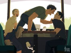 Rule 34 | 3boys, alternate universe, angry, belt, black hair, black pants, black shirt, blue pants, booth seating, buzz cut, capri pants, clothes grab, collared shirt, commentary, contemporary, crew neck, cup, dated, denim, erm nkcn, eye contact, facial hair, facial scar, goatee, golden kamuy, grey hair, grey shirt, hair slicked back, highres, jeans, kneeling, looking at another, male focus, multiple boys, multiple scars, nervous sweating, ogata hyakunosuke, open mouth, pants, scar, scar on arm, scar on cheek, scar on face, shiraishi yoshitake, shirt, shirt grab, shoelaces, shoes, short hair, short sideburns, shouting, sitting, sneakers, spilling, sugimoto saichi, sweat, symbol-only commentary, table, teeth, tree, upper teeth only, very short hair, white shirt, wide-eyed, window, wing collar