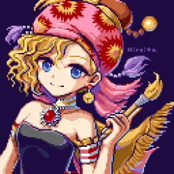 1girl armband bandana black_shirt blonde_hair blue_eyes cape final_fantasy final_fantasy_vi gem hand_up headscarf hiroita holding holding_paintbrush jingle_bell_earrings looking_at_viewer lowres paintbrush pink_bandana pink_headscarf pixel_art red_gemstone relm_arrowny shirt smile solo strapless strapless_shirt tassel tassel-trimmed_cape yellow_cape