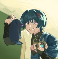1boy anger_vein animal animalization annoyed armor black_bodysuit black_bridal_gauntlets black_hair blue_cape blue_eyes blue_gemstone blue_kimono blue_pupils blunt_ends bodysuit bridal_gauntlets cape collarbone curled_fingers eyeliner eyeshadow gem genshin_impact gold gold_ring hands_up highres holding holding_animal japanese_armor japanese_clothes juban kimono kote kurokote looking_at_animal makeup male_focus mandarin_collar middle_ring open_clothes open_kimono open_mouth person_and_animalization red_eyeliner red_eyeshadow scaramouche_(cat)_(genshin_impact) scaramouche_(genshin_impact) scratches solo tsurime uneven_eyes wanderer_(genshin_impact) white_kimono white_mouth wispy_bangs zac-n