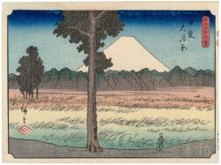 19th_century 1boy ando_hiroshige bald blue_sky cane facing_away field fine_art_parody gradient_sky grass hat highres holding holding_unworn_clothes holding_unworn_hat japan landscape mountain nihonga original outdoors parody scenery sky straw_hat tall_grass thirty-six_views_of_mount_fuji_(hiroshige) traditional_media translation_request tree ukiyo-e unworn_hat unworn_headwear volcano
