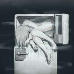 androgynous avogado6 commentary dark_background gender_request in_container in_refrigerator muted_color nude original pale_skin refrigerator short_hair sleeping solo tagme