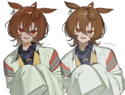 Rule 34 | 1girl, agnes tachyon (umamusume), animal ears, black shirt, blue necktie, blush, coat, collared shirt, comparison, dated, ears down, grin, hair between eyes, hands up, head tilt, highres, horse ears, lab coat, leaning to the side, looking at viewer, medium hair, mumukyabi, necktie, open clothes, open coat, open mouth, red eyes, ringed eyes, shirt, simple background, sleeves past fingers, sleeves past wrists, smile, solo, straight-on, umamusume, upper body, vest, white background, white coat, wolf cut, yellow vest