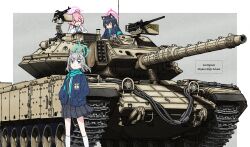 3girls absurdres ahoge animal_ear_fluff animal_ears black_gloves black_hair black_skirt blue_archive blue_eyes blue_halo blue_jacket blue_ribbon blue_scarf blush browning_m2 cat_ears cat_girl clenched_teeth closed_eyes fang fingerless_gloves gloves grey_hair gun hair_ribbon halo hands_in_pockets heavy_machine_gun highres hoshino_(blue_archive) id_card jacket long_hair machine_gun magach_tank_(6-7) military_vehicle motor_vehicle multiple_girls on_tank open_mouth otogichan_hshs pink_hair pink_halo plaid_clothes plaid_skirt ribbon scarf school_uniform serika_(blue_archive) shiroko_(blue_archive) shirt skin_fang skirt smile tank teeth twintails weapon white_shirt wolf_ears wolf_girl